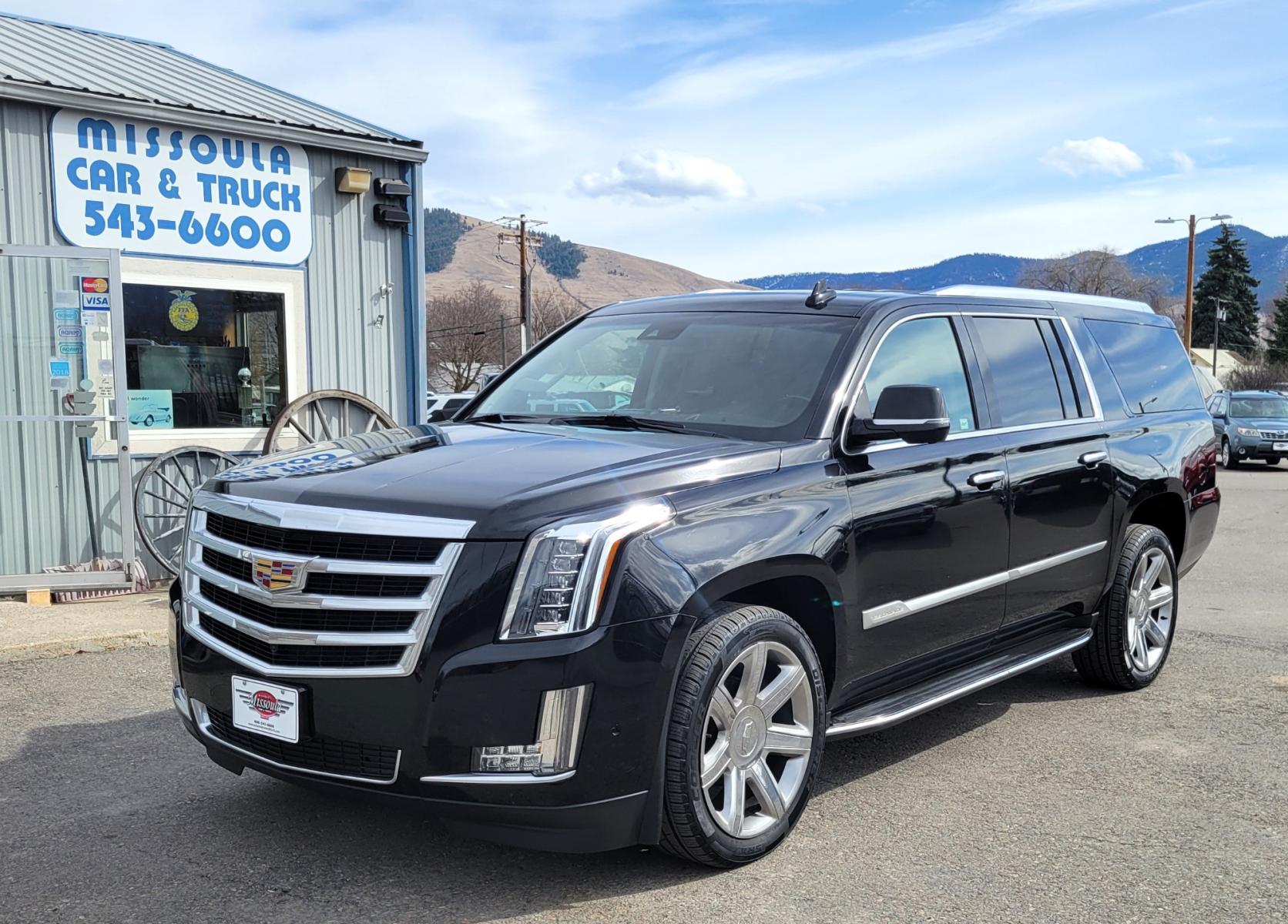 2018 Black /Black Cadillac Escalade ESV (1GYS4HKJ4JR) with an 6.2L V8 engine, 10 Speed Auto transmission, located at 450 N Russell, Missoula, MT, 59801, (406) 543-6600, 46.874496, -114.017433 - Beautiful Black Caddy SUV. 4 Wheel Drive. 6.2L V8 Engine. 10 Speed Automatic Transmission. 3rd Row Seating. Heated and Cooled Leather Seats. Navigation. Bluetooth. Backup Camera. Runningboards. Air Cruise Tilt. Power Windows and Locks. - Photo #1